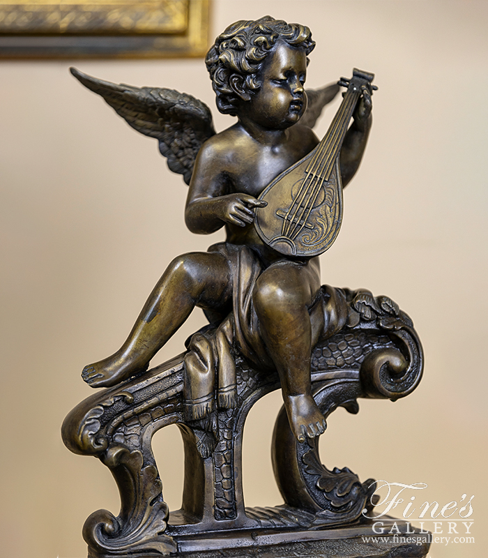 Bronze Statues  - Bronze Cherub With Lute Statue - BS-844